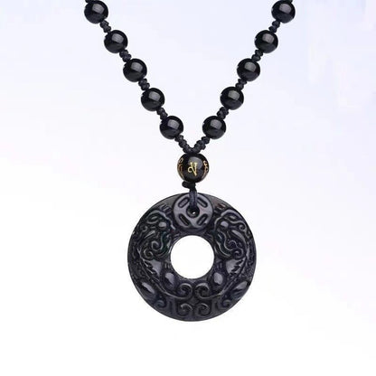 Obsidian Double Pixiu Round Button Pendant Necklace - Mystara.shop