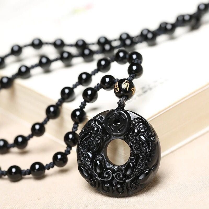 Obsidian Double Pixiu Round Button Pendant Necklace - Mystara.shop