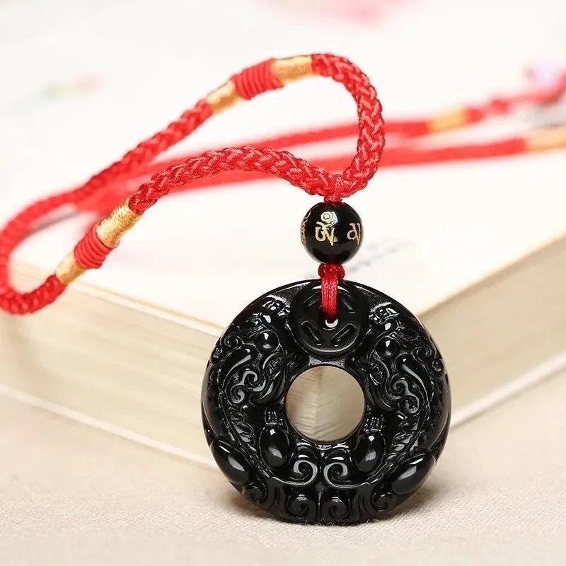 Obsidian Double Pixiu Round Button Pendant Necklace - Mystara.shop