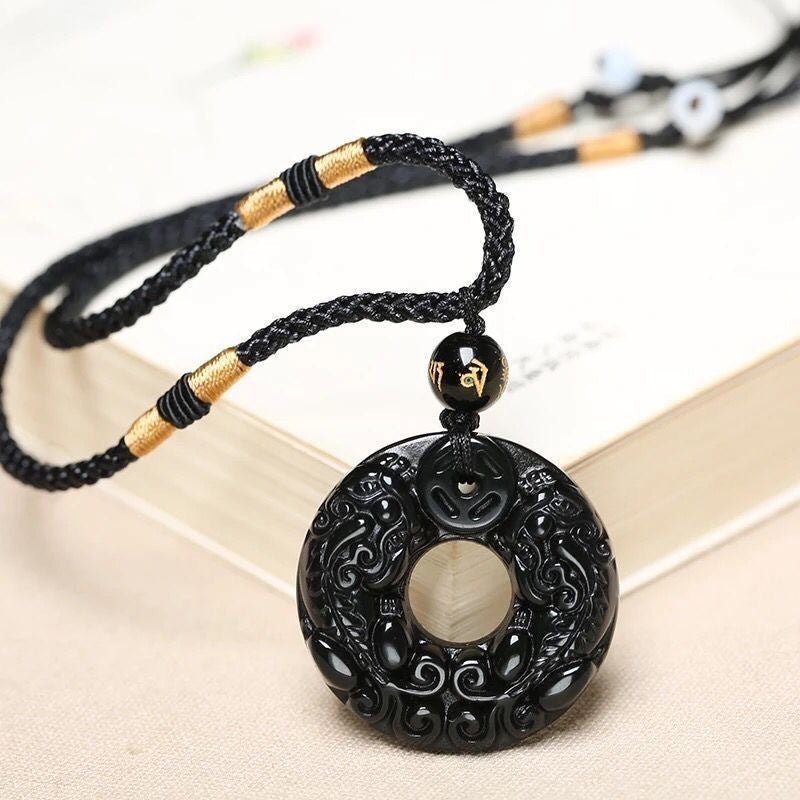 Obsidian Double Pixiu Round Button Pendant Necklace - Mystara.shop