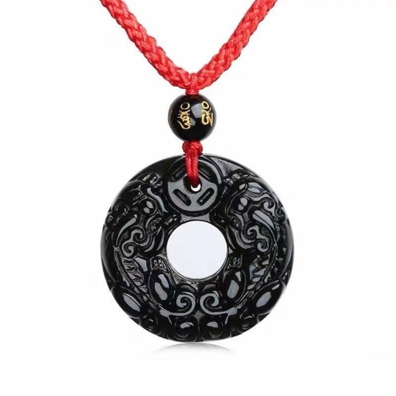 Obsidian Double Pixiu Round Button Pendant Necklace - Mystara.shop