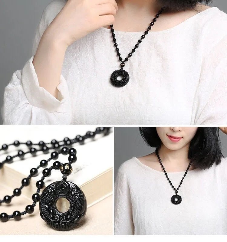 Obsidian Double Pixiu Round Button Pendant Necklace - Mystara.shop
