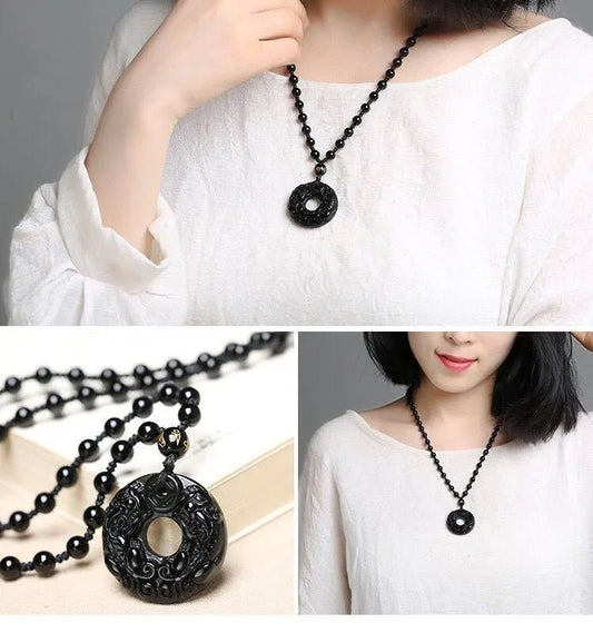 Obsidian Double Pixiu Round Button Pendant Necklace - Mystara.shop