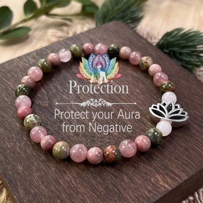 Rhodonite Crystal Bohemian Style Natural Stone Bead Seven Pulse Lotus Bracelet - Mystara.shop