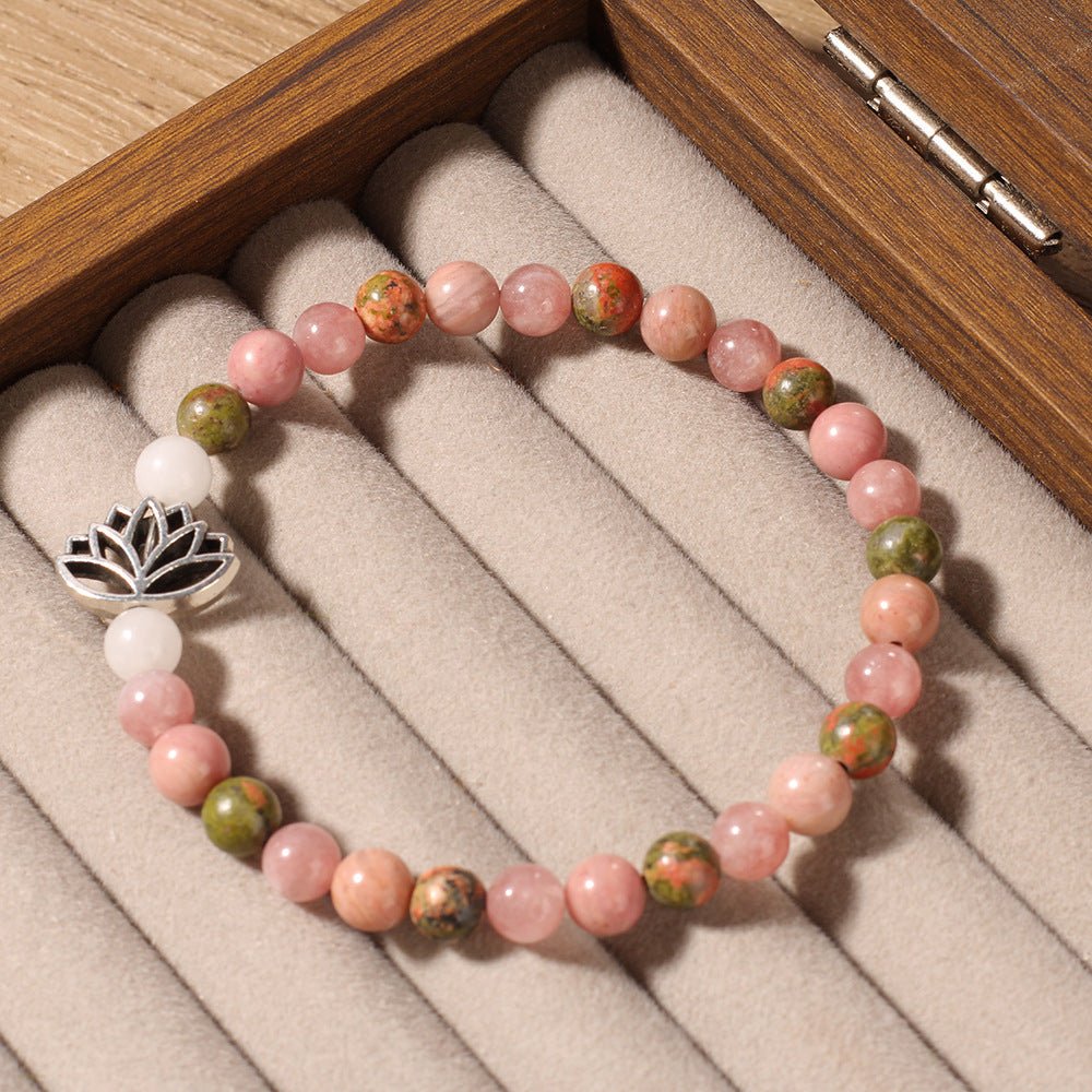 Rhodonite Crystal Bohemian Style Natural Stone Bead Seven Pulse Lotus Bracelet - Mystara.shop