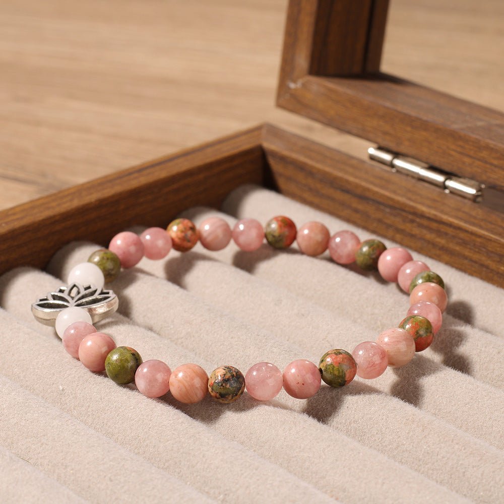 Rhodonite Crystal Bohemian Style Natural Stone Bead Seven Pulse Lotus Bracelet - Mystara.shop