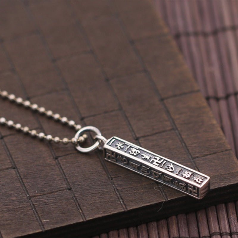 925 silver Six Words Mantra pendant with square totem design, a unisex Thai silver amulet for peace, luck, and protection