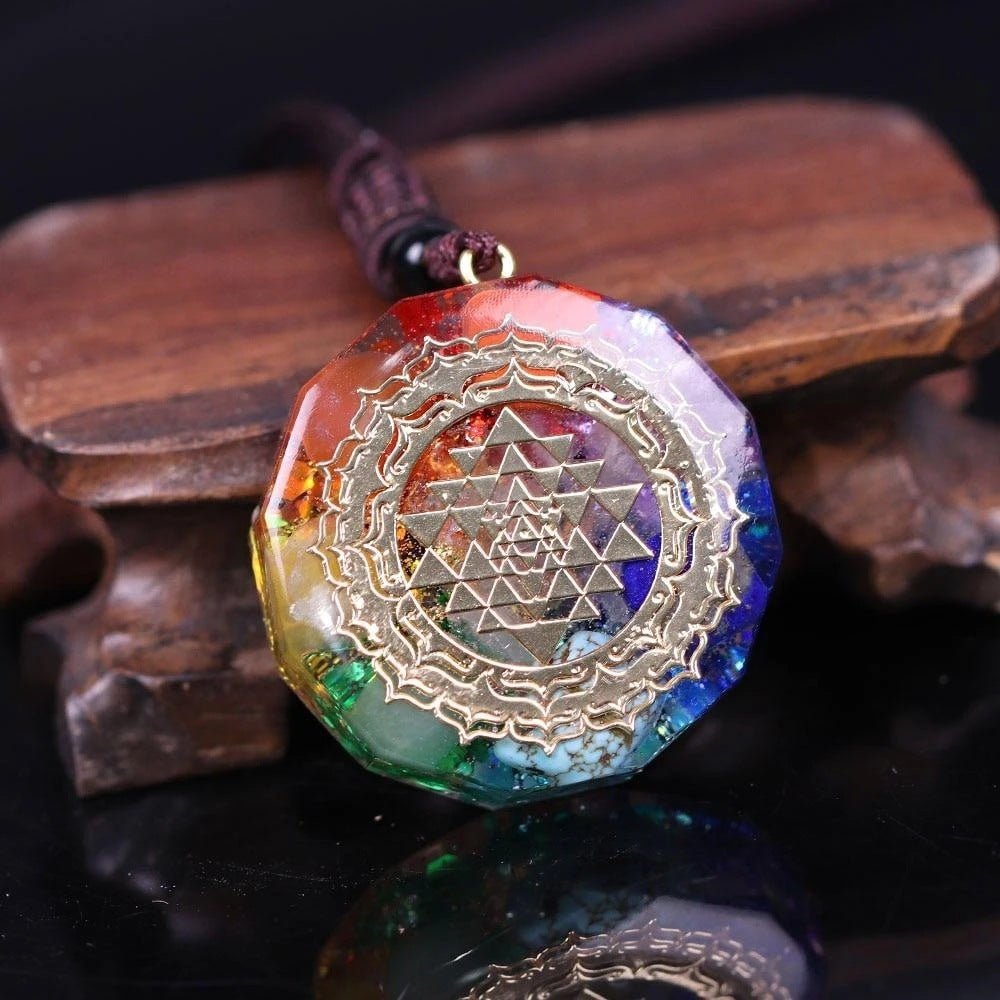 SRI YANTRA ORGONITE NECKLACE Epoxy Stone Gravel Pendant Seven Chakra Energy Yoga Necklace - Mystara.shop