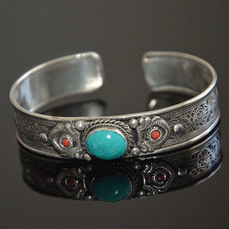 Tibetan Turquoise Nepal Handmade Tibetan Silver White Copper Bracelet Opening - Mystara.shop