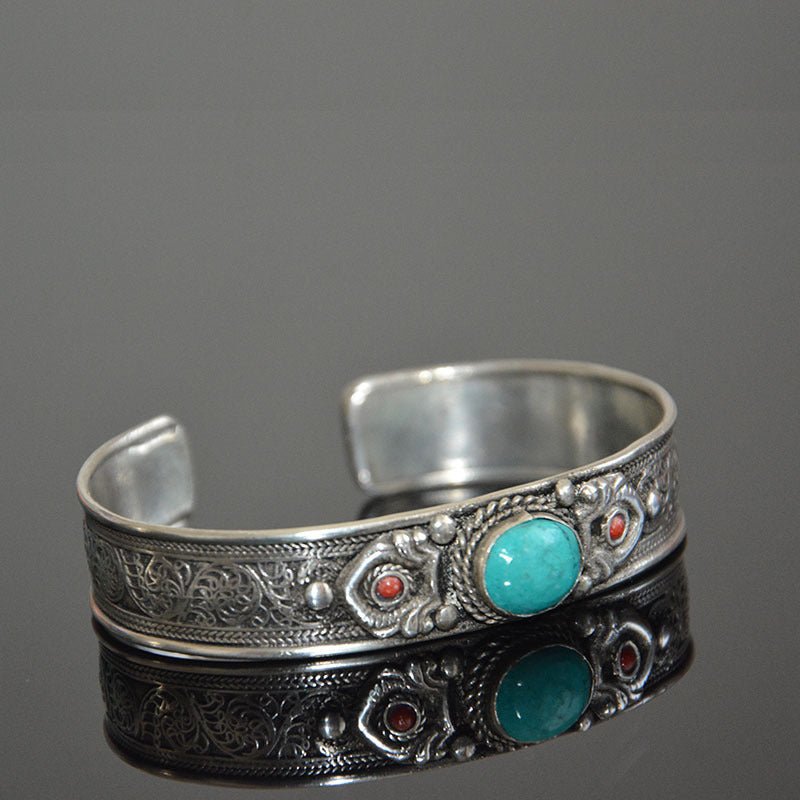 Tibetan Turquoise Nepal Handmade Tibetan Silver White Copper Bracelet Opening - Mystara.shop
