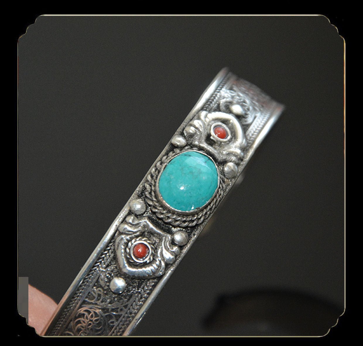 Tibetan Turquoise Nepal Handmade Tibetan Silver White Copper Bracelet Opening - Mystara.shop
