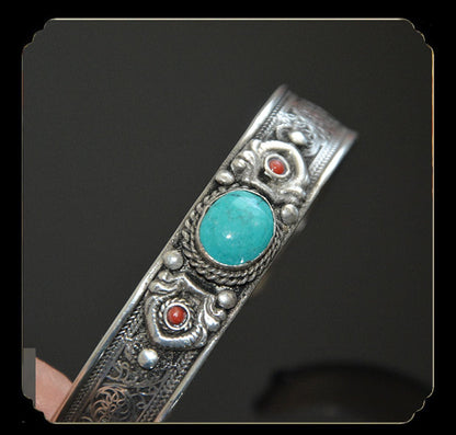 Tibetan Turquoise Nepal Handmade Tibetan Silver White Copper Bracelet Opening - Mystara.shop