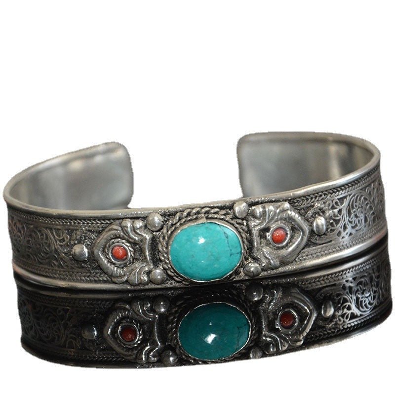 Tibetan Turquoise Nepal Handmade Tibetan Silver White Copper Bracelet Opening - Mystara.shop