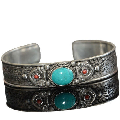 Tibetan Turquoise Nepal Handmade Tibetan Silver White Copper Bracelet Opening - Mystara.shop