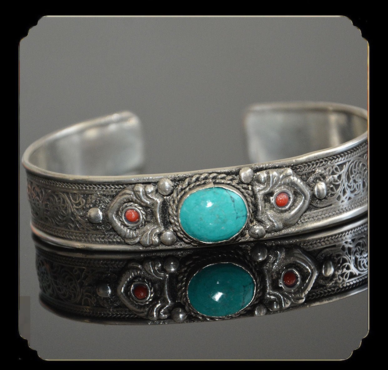 Tibetan Turquoise Nepal Handmade Tibetan Silver White Copper Bracelet Opening - Mystara.shop