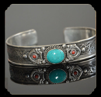 Tibetan Turquoise Nepal Handmade Tibetan Silver White Copper Bracelet Opening - Mystara.shop