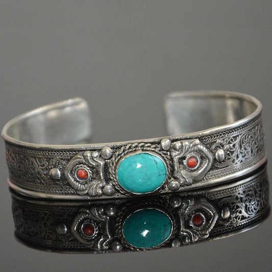 Tibetan Turquoise Nepal Handmade Tibetan Silver White Copper Bracelet Opening - Mystara.shop